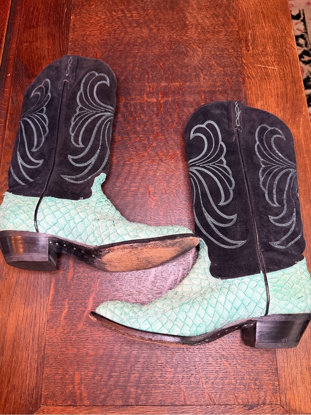 Vintage Tony Lama Sea Bass Exotic Leather Cowboy Boots Teal Black Size 7 - Picture 5 of 11